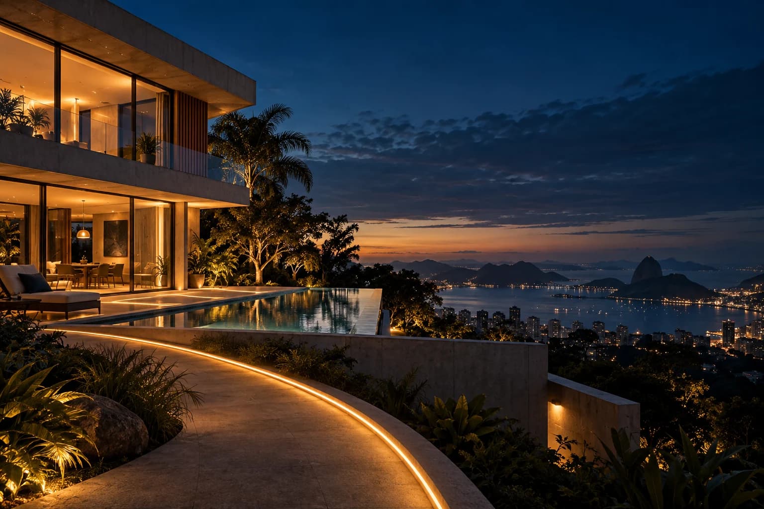 Arquitetura contemporânea ao anoitecer